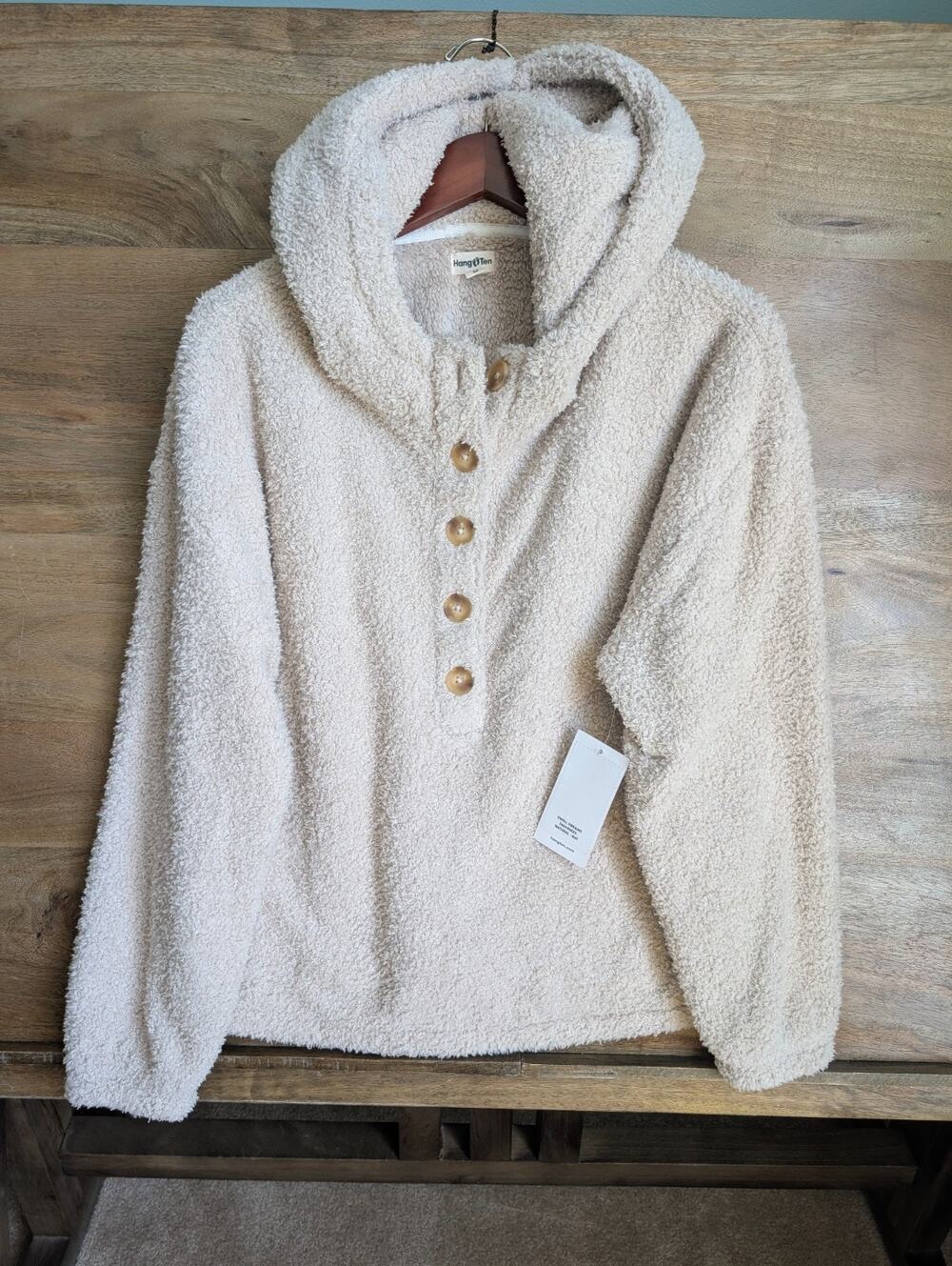 NWT Hang Ten Hoodie Womens Medium Beige Natural Fleece Cozy Warm Half Button